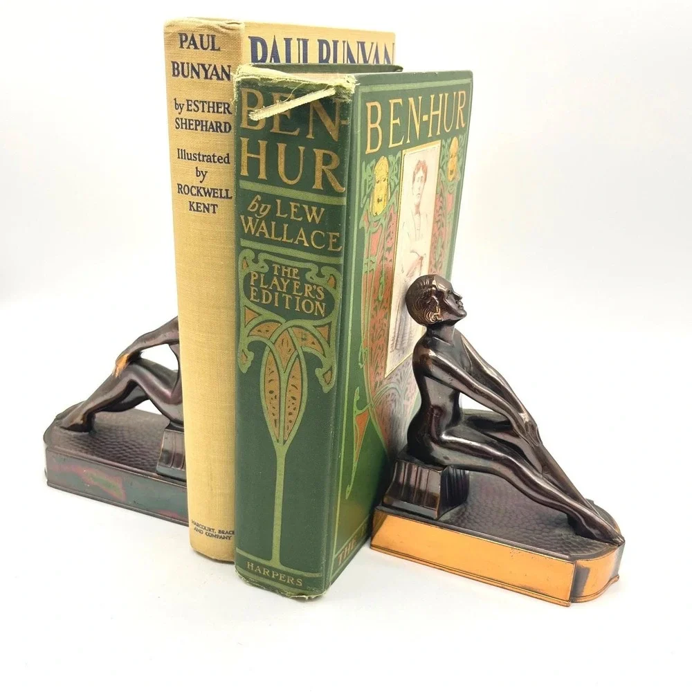 Vintage Art Deco Bronze Tone Clad Seated Nude Female Bookends Japan Pair Patina